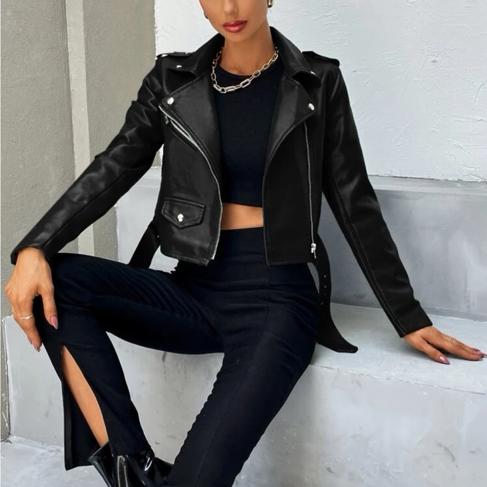 Black Zip Up Belted PU faux Leather Moto Jacket - Picture 1 of 5